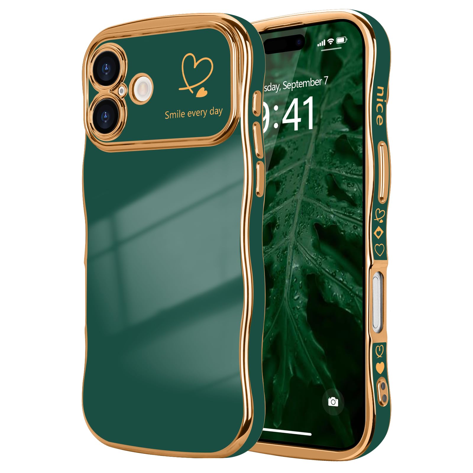 LCHULLE for iPhone 16 Case for Women Girls,Cute Curly Wave Frame Shape Love Heart Pattern Phone Case,Raised Camera Protection Plating Shockproof Cover for iPhone 16 6.1",Dark Green