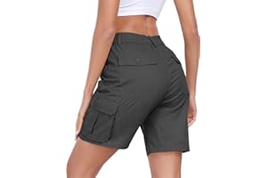 MoFiz Women's Cargo Shorts Bermuda Shorts Button Pockets Elastic Waist Knee Length Long Hiking Casual Shorts for Summer