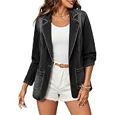 Women's Notched Lapel Denim Blazer One Button Long Sleeve Slim Jean Jacket | Vintage Distressed, Button Up, Solid Color, Classic Washed Denim Blazer with Pocket, Casual Jean Cotton Coat for Party Office