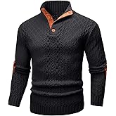 Wizoat Mens Cable Knit Pullover Sweater Casual Long Sleeve Stand Collar Quarter Button Knitted Sweaters