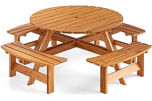 Tangkula 8-Person Wood Picnic Table, Outdoor Round Table and Bench Set with 4 Built-in Benches, Umbrella Hole, Perfect for Ou