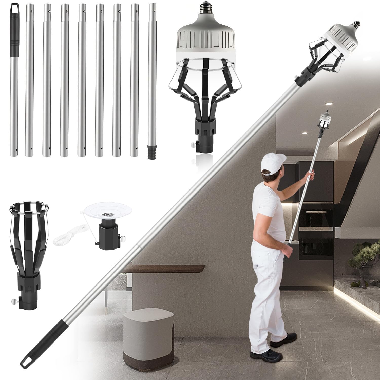 Photo 1 of Allyplay Upgraded 12FT Light Bulb Changer for High Ceilings, High Reach Light Bulb Removal Tool with Baskets and Suction Cup and Pole Extension for Recessed Lights and Standard Bulbs