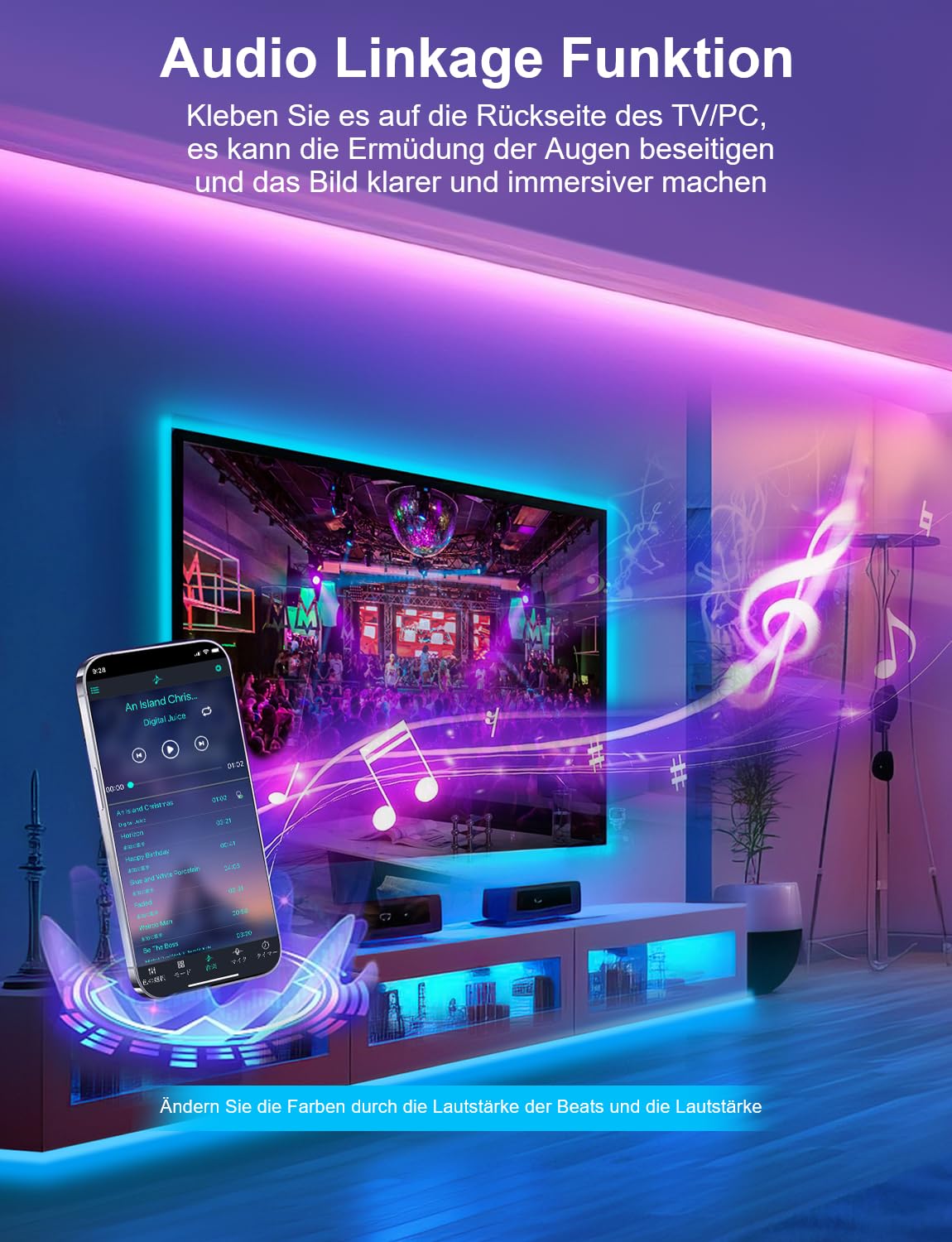 IKERY LED Streifen 20 m RGB lichtband, Bluetooth LED Strip, Selbstklebend, 16 Millionen Farben, Farbwechsel, Musiksynchronisation, Steuerung per App, geeignet für Innendekoration, Bars, Partys 5