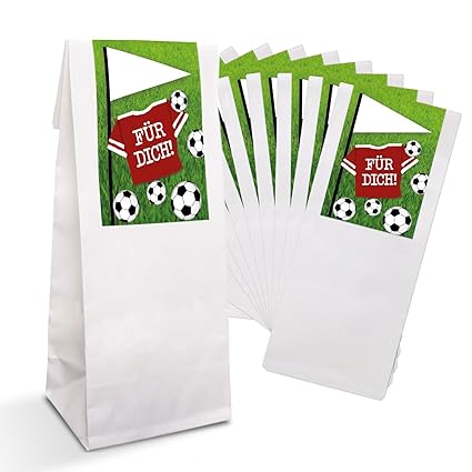 10 kleine weiße Geschenktüten + Pergamin-Einlage; Papiertüten + Aufkleber Sticker Fußball FÜR DICH (7 x 20,5 x 4 cm) für die 