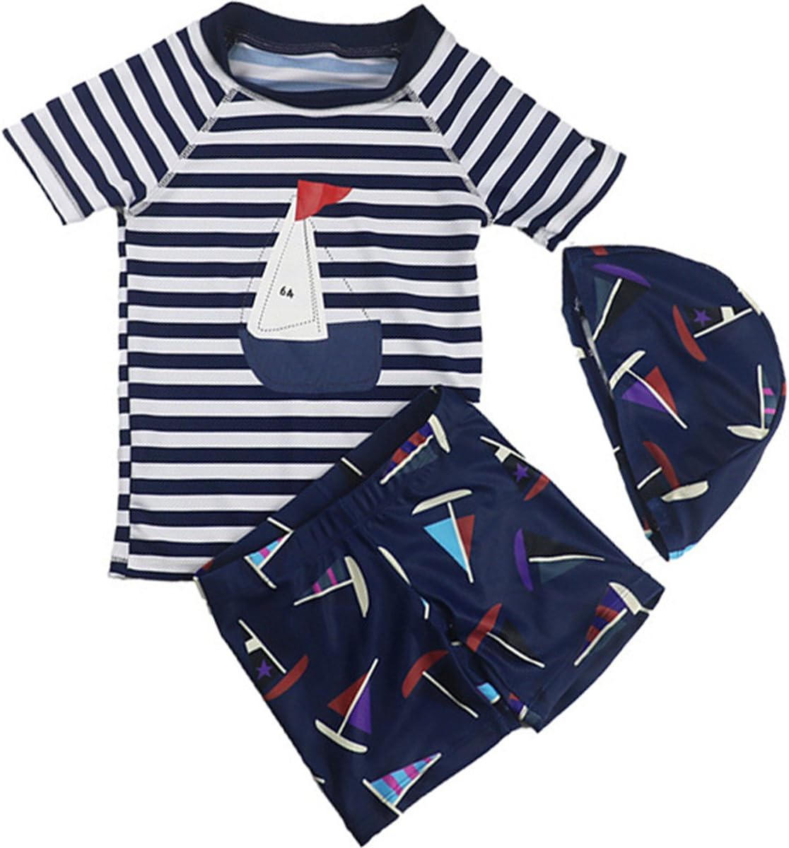 Baby Kids Boys Two Pieces Cartoon Print Short Sleeve Swimwear Rash Guard UPF 50+ UV Swimsuit with Caps