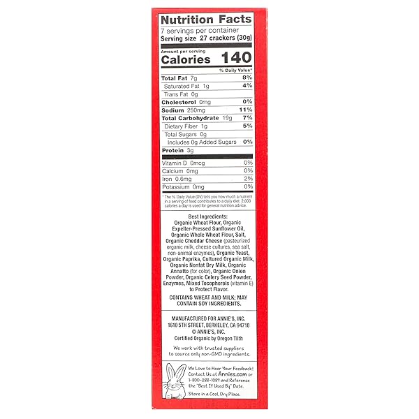 ANNIE’S ORGANIC CHEDDAR SQUARES, BAKED CRACKER SNACKS, 7.5 OZ