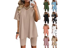 SHOPESSA Two Piece Summer Sets for Women V Neck Oversized T Shirts Tops Biker Shorts Set Workout Tracksuit Casual Lounge Sets