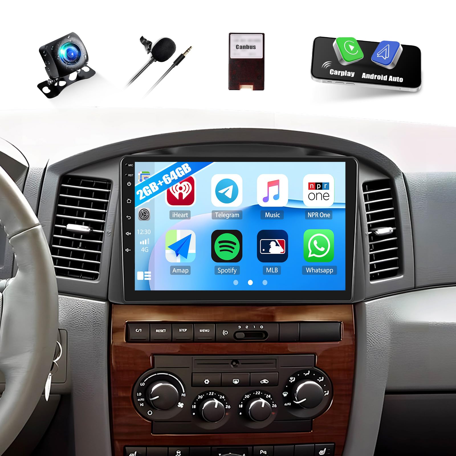 Photo 1 of 2+64G Car Radio Stereo for Jeep Grand Cherokee 2005 2006 2007 with Wireless CarPlay Android Auto Android 13 Head Unit 10.1" Touch Screen Car Stereo with GPS WiFi FM Mirror Link HD Backup Camera