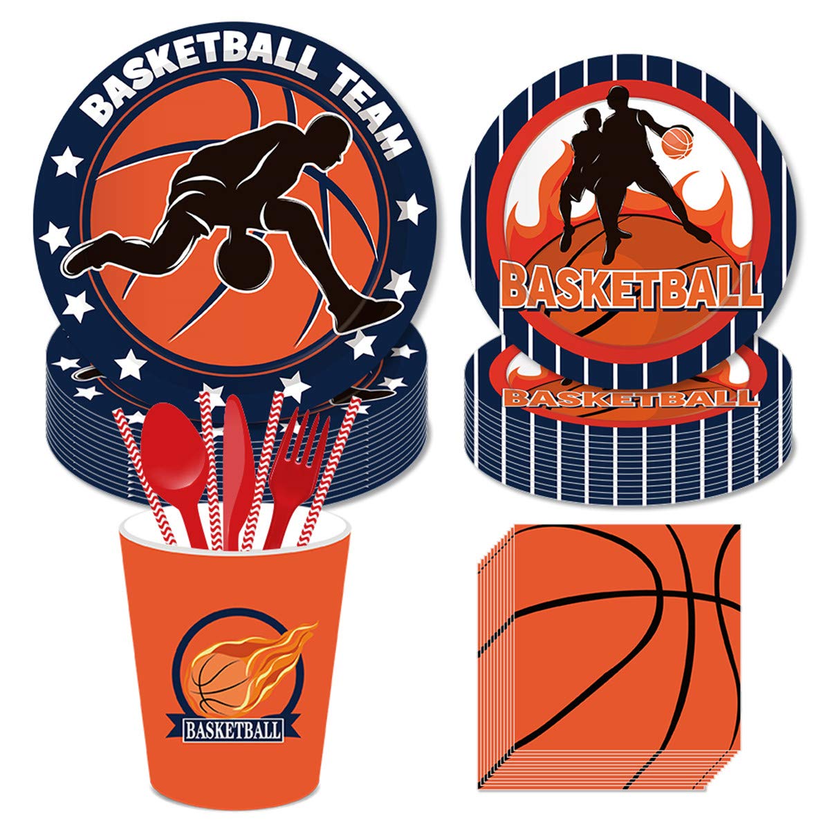 FAIRYRAIN Basketball Disposable Theme Party Supplies Decorations Set ncluding 8 x 9 Plates, 8X 7 Plates, 8x9 Oz Cups, 20x Luncheon Napkins,24 pcs Tableware Set, Paper Straws Serves 8 Guest Set
