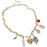 Trendy Gold Plated Alloy Charm Necklace for Women - Beach Shell Heart Pearl Pendant Collar Necklace, Dainty Adjustable Chunky Chain Jewelry