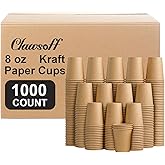 Clawsoff 1000 Pack 8 oz Paper Cups, Brown Kraft Disposable Paper Coffee Cups, Unbleached Paper Cups for Hot/Cold Beverage Party, Picnic, Travel, and Events.