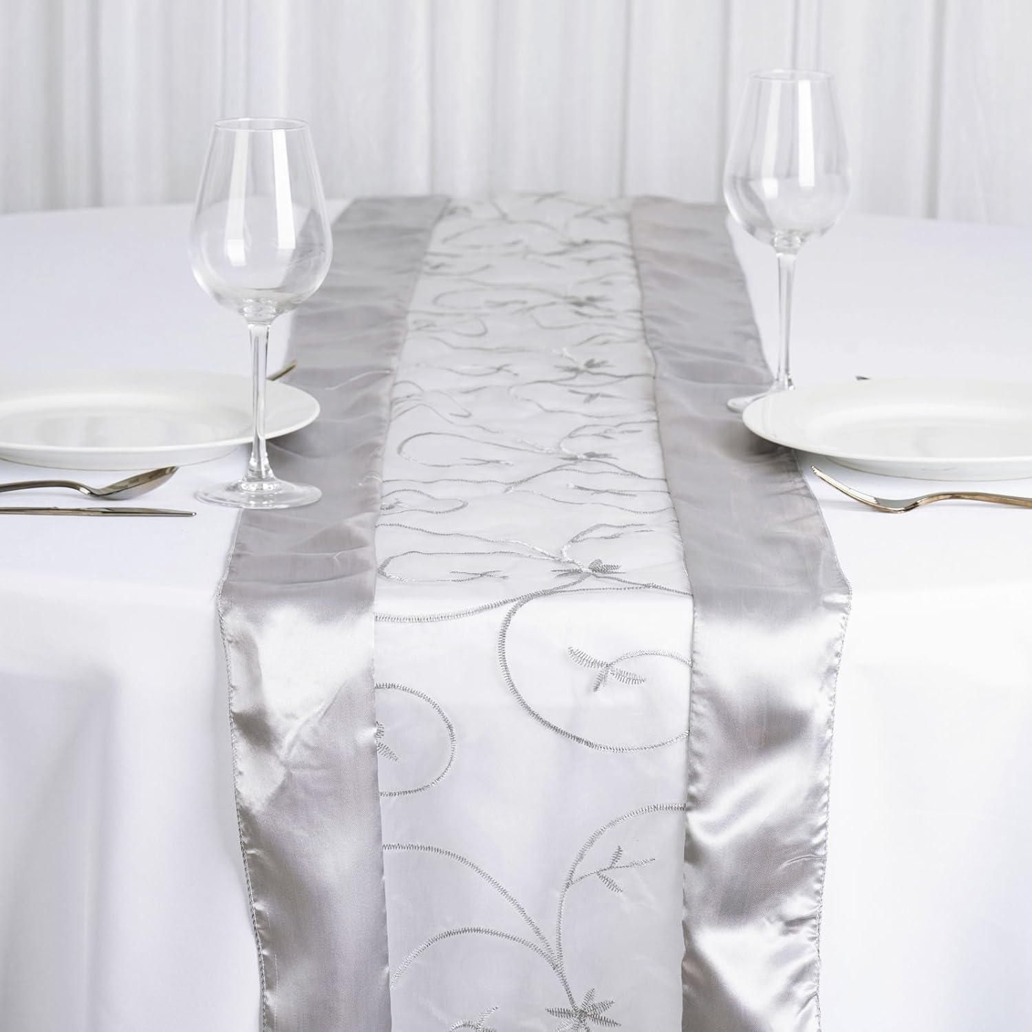 BalsaCircle 14 x 108-Inch Silver Satin Edges and Embroidered Organza Table Top Runner - Wedding Party Reception Linens Decorations