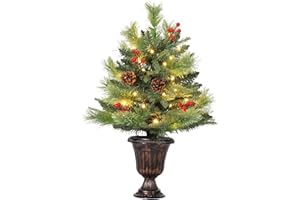 Joankaren 2ft Artificial Mini Christmas Tree with 40 Warm LED Lights – Pre-Decorated Tabletop Xmas Tree with Pine Cones & Red