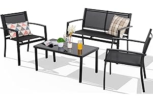 Shintenchi 4 Pieces Patio Furniture Set All Weather Textile Fabric Outdoor Conversation Set, with Glass Coffee Table, Loveseat, 2 Single Chairs for Home, Garden, Lawn, Porch（Black）