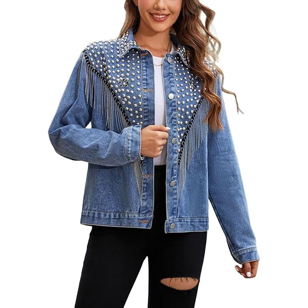 HGps8w Women's Pearl Fringe Denim Jacket, Casual Button Down