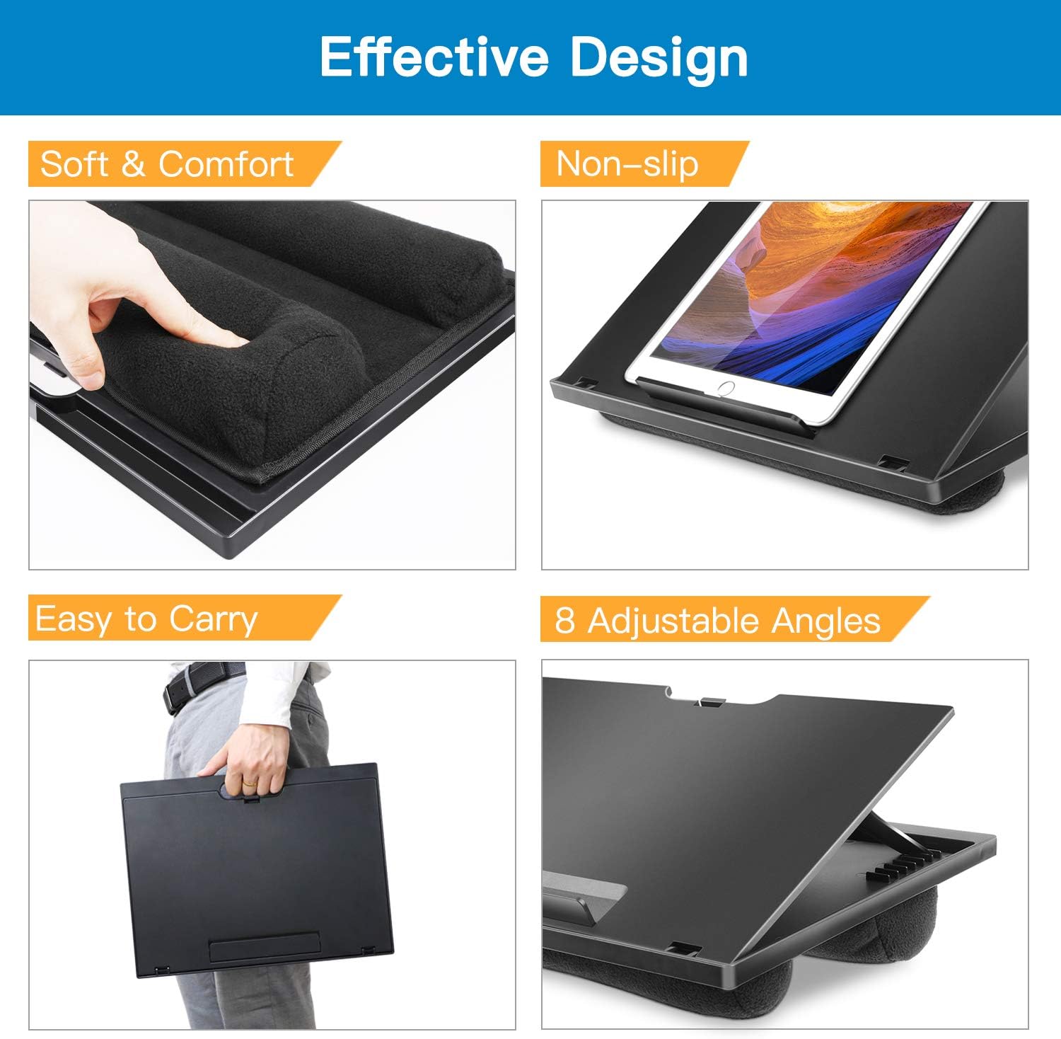 Adjustable Lap Desk - with 8 Adjustable Angles & Dual Cushions Laptop Stand for Car Laptop Desk, Work Table, Lap Writing Board & Drawing Desk on Sofa or Bed by HUANUO : Office Products