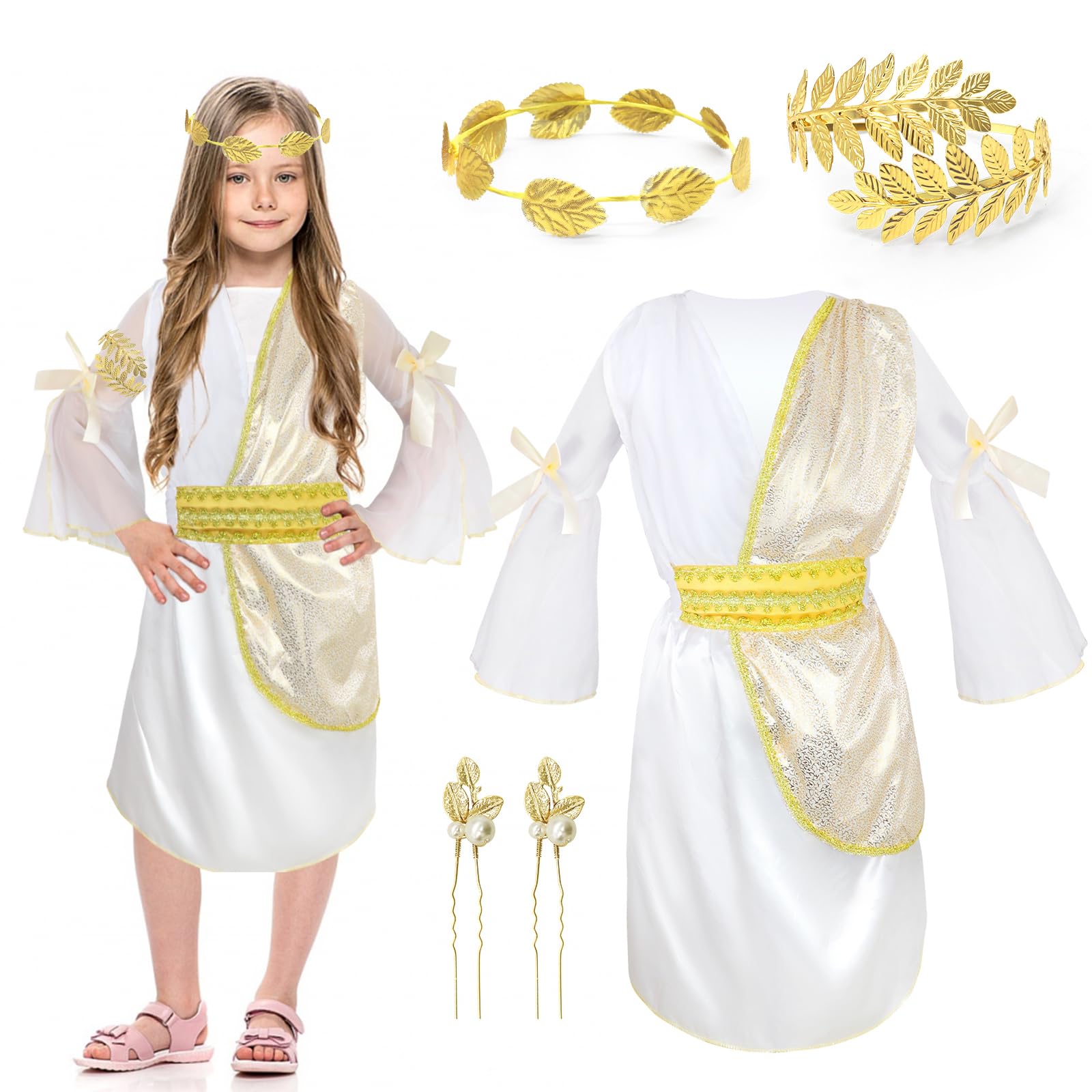 Owdenuy 5pcs Roman Toga Costume, Ancient Greek Roman Goddess Costume with Crown Leaf Wreath Leaf Hairpin, Greek God Athena Fancy Dress Outfit for Kids Girls Halloween Cosplay