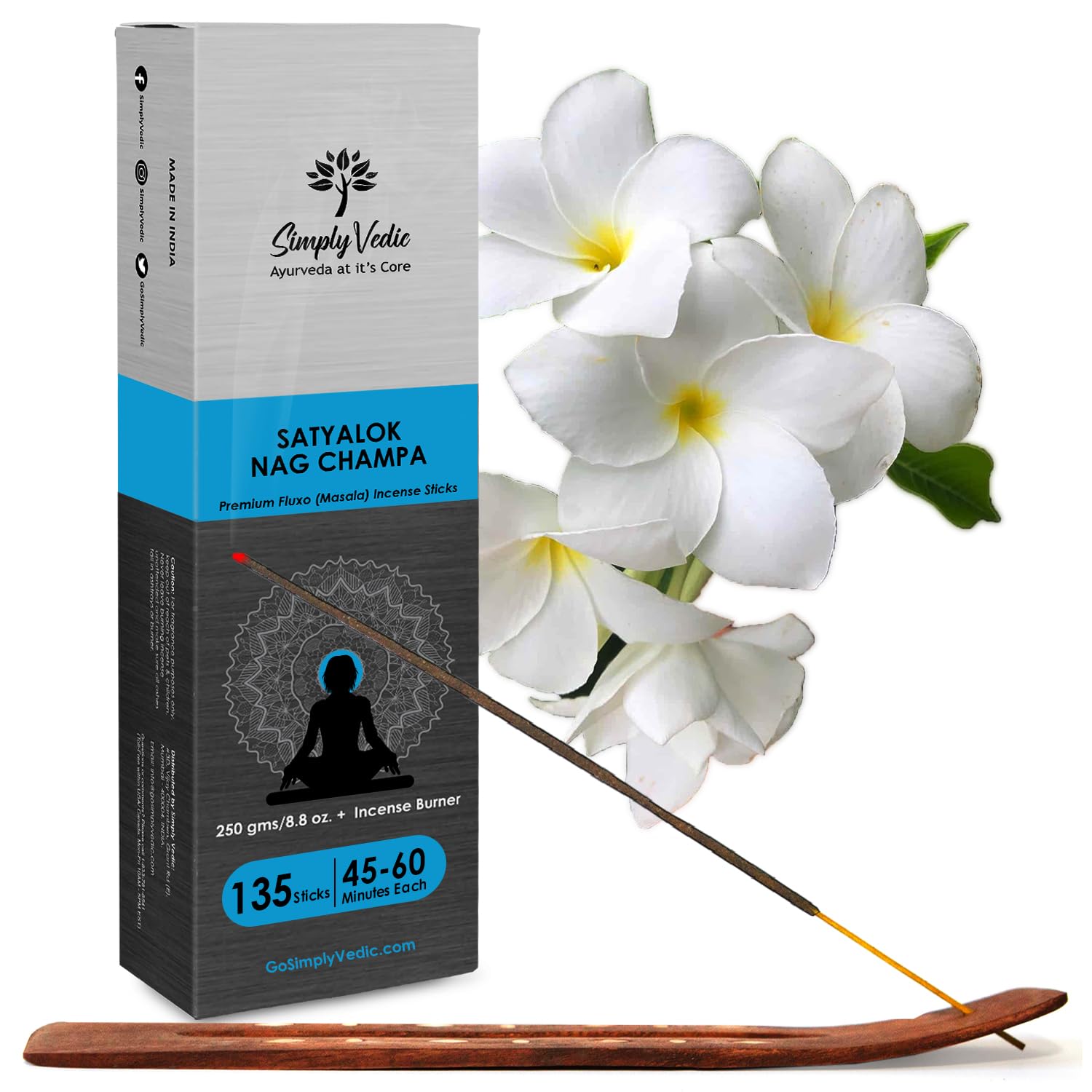 Simply Vedic Nag Champa Incense Sticks 250g with Holder – 135 Hand-Rolled Natural Agarbatti – No Charcoal, Long-Lasting Aromatherapy for Yoga, Meditation, Relaxation, Spiritual Healing, Pooja, Home