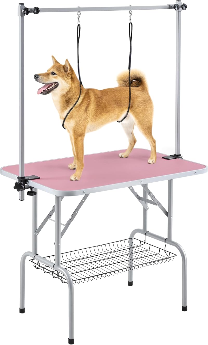 Yaheetech 91cm Pet Grooming Table Adjustable Height with Storage Pink 164cm High