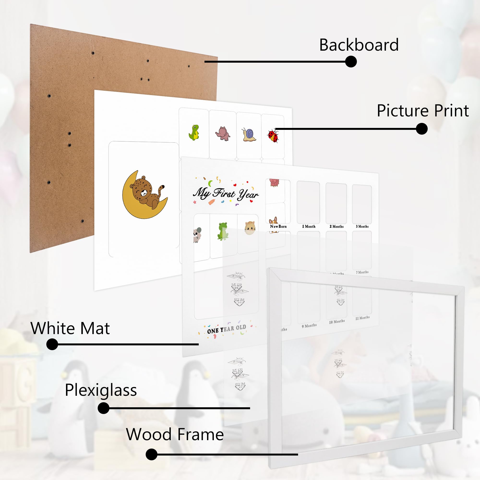 Baby First Years Photo Frames 12 Month Picture Frame 12 * 16 for Holds (1) 5x7 & (12) 2x3 Wallet Size Photos White