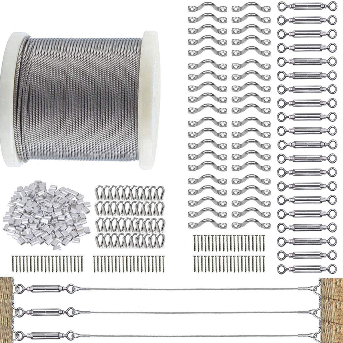TooTaci 3mm Balustrade Wire Kit, 122M/3mm Stainless Steel Wire Rope with 20pcs M5 Turnbuckle & Cable Tensioner Kits