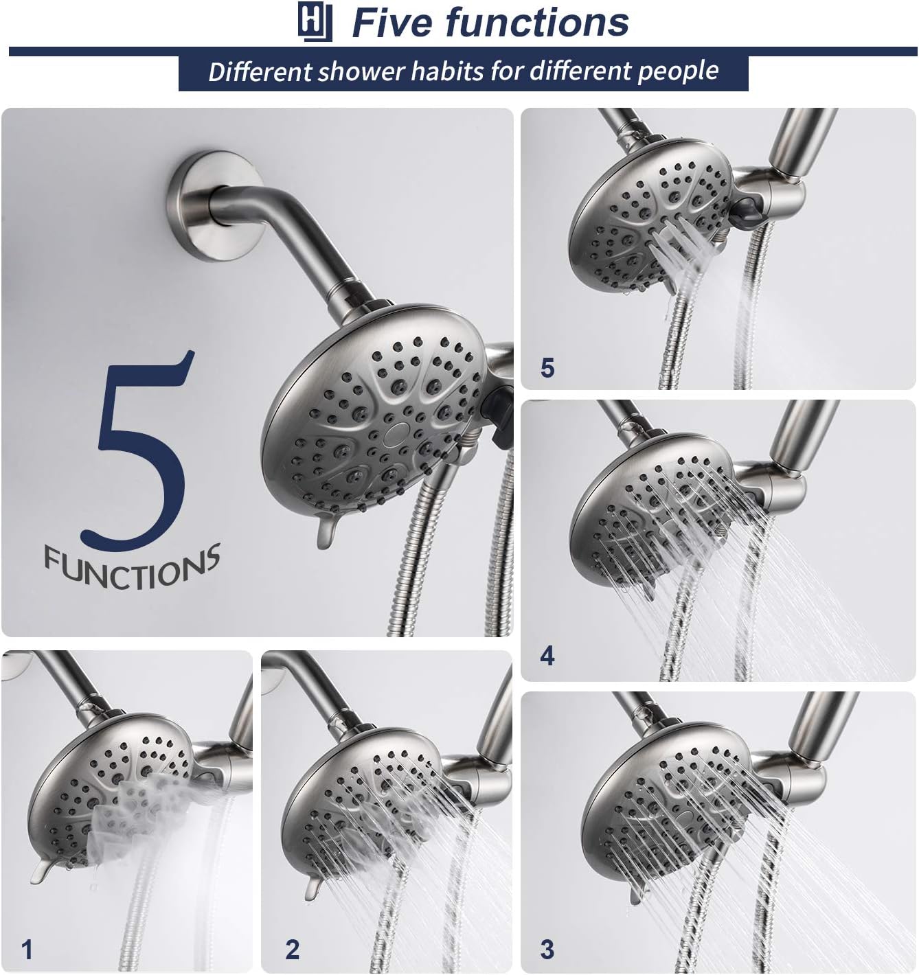 Homelody 5" High Pressure Shower Head and Handheld Shower, Brushed Nickel Dual Shower System 6-Settings Unique 3-Way Water Diverter with Stainless Steel Hose - - 