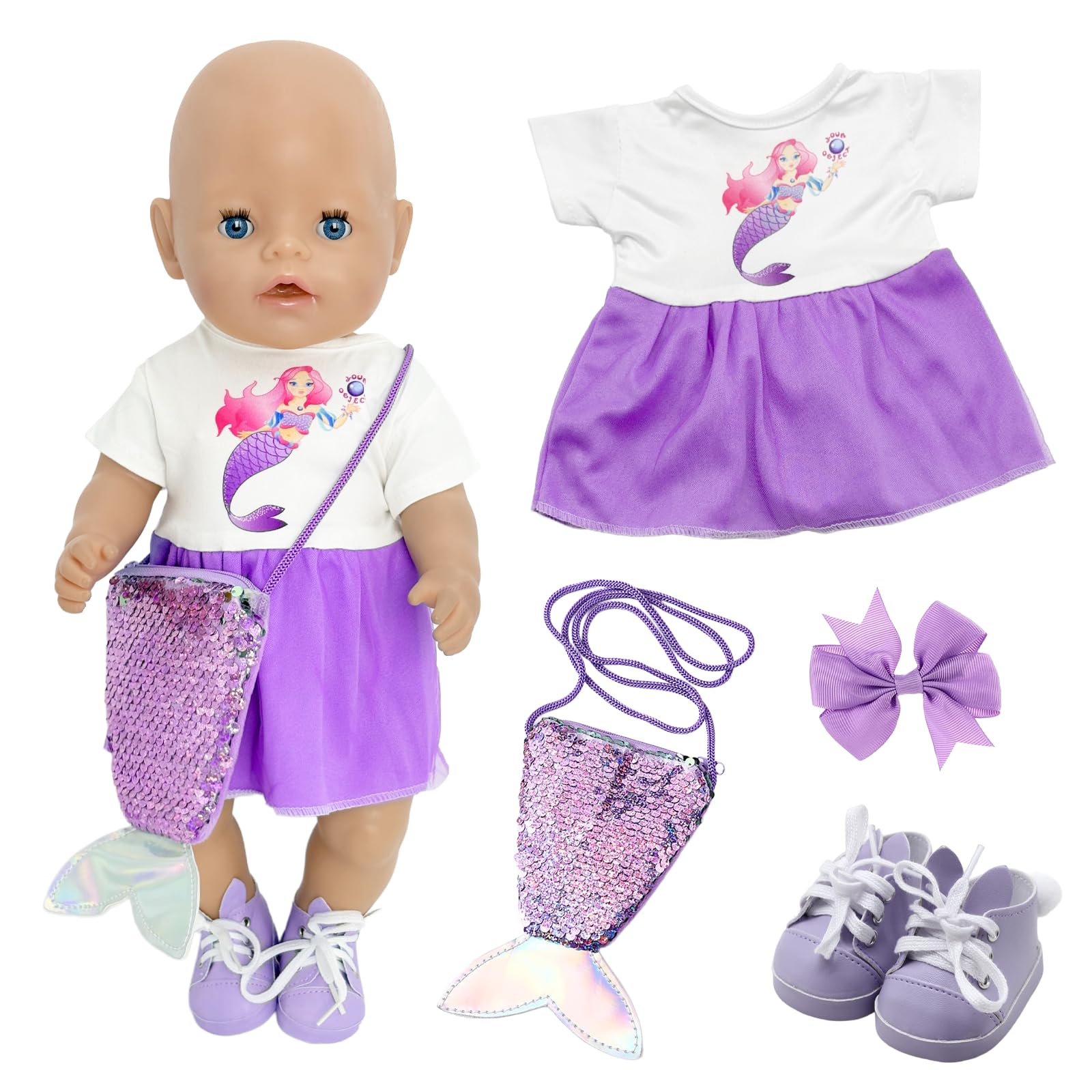 5 Pcs Doll Clothes, Doll Dress Set for 14-18 Inch Boys Girls, with Tulle Skirt, Bow Hair Clip, Purple Sequin Backpack, Bunny Shoes, Cute Dolls Clothes for Children Gift