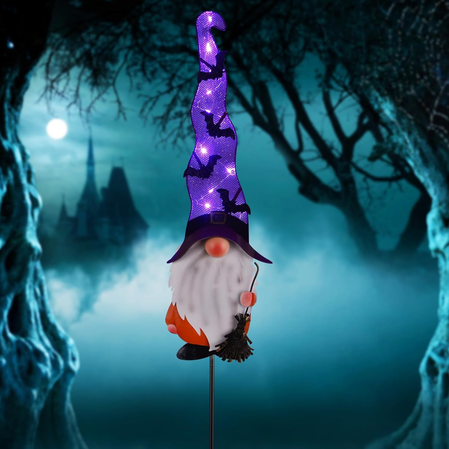 Decorative Garden Stakes - LIGHTSHINE Solar Halloween Gnome Decorations Lights, Metal Solar Halloween Garden Decor, Waterproof Halloween Iron Wizard Hat Stake with Purple Lights for Yard, Porch, Garden. (Wizard)
