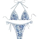 WDIRARA Women's 2 Piece Boho Swimsuits Floral Print Halter String Triangle Bikini Set Beach Bathing Suit