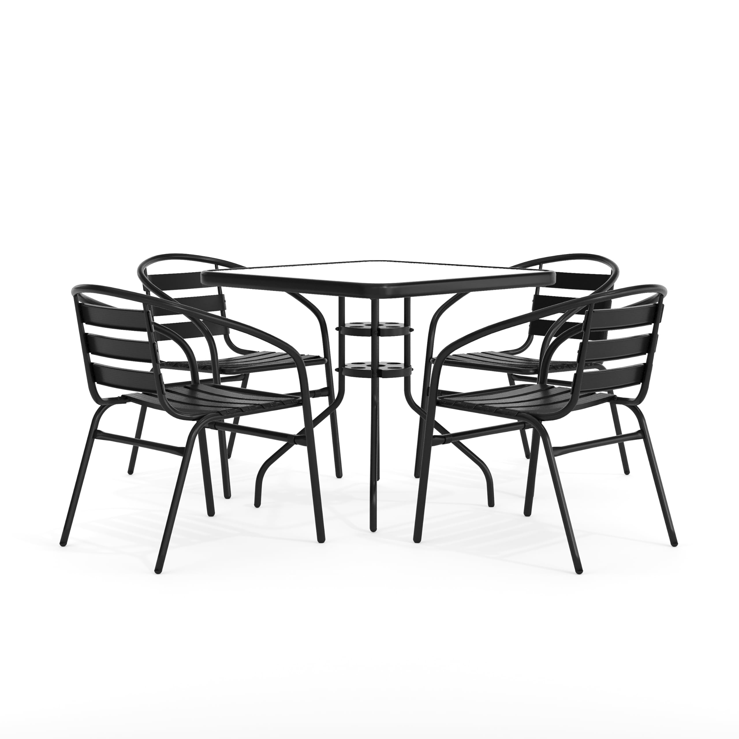 View 1 of ***MISSING PART -CHAIRS ONLY*** Flash Furniture 4-Piece Patio Dining with 4 Stackable Slat Back Chairs, Indoor/Outdoor ,Black
