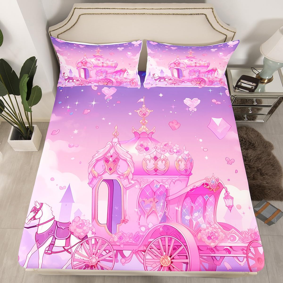 Loussiesd Kids Girls Pink Fitted Sheet Single Princess Carriage Pink Bedding Set for kids boys girls Pink Love Heart Bed Sheets Soft Sheets Set No Flat Sheet