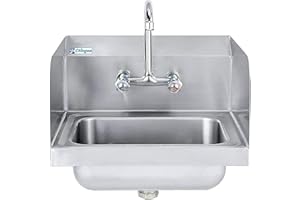 Chingoo Stainless Steel Sink with Faucet, Side Splash and Backspash, Commercial Wall Mount Hand Sink for Restaurant, Kitchen and Home, 17 x 15 Inches