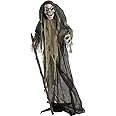 Haunted Hill Farm Life-Size Scary Skeleton Reaper Holding Staff, Halloween Animatronic with Touch Activated Lights and Sound, Battery Operated Indoor or Covered Outdoor Halloween Decorations for Home