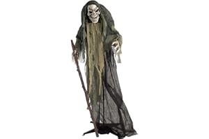 Haunted Hill Farm Life-Size Scary Skeleton Reaper Holding Staff, Halloween Animatronic with Touch Activated Lights and Sound, Battery Operated Indoor or Covered Outdoor Halloween Decorations for Home