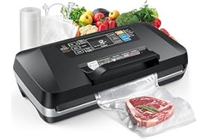 ROUUO 95kpa Vacuum Sealer Machine,Commercial Full Automatic Food Sealer,Powerful Sealing System with Double Heat Seal,Built-in Cutter&Bags Storage,1 Bag Rolls and 10 pcs Pre-cut Bags