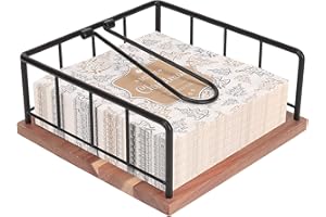 Livabber Flat Napkin Holder, Metal Kitchen Napkin Storage with Weighted Tension Arm Rustic Tissue Paper Dispenser for Countertop, Table Kitchen, Dining Room (With Wooden Base, Black)