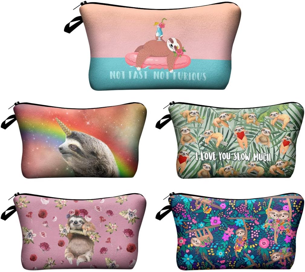 Ranvi 5 Pieces Makeup Bag Toiletry Pouch Waterproof Cosmetic Bag with Cute sloth Patterns, 5 Styles (Multicolor Style)
