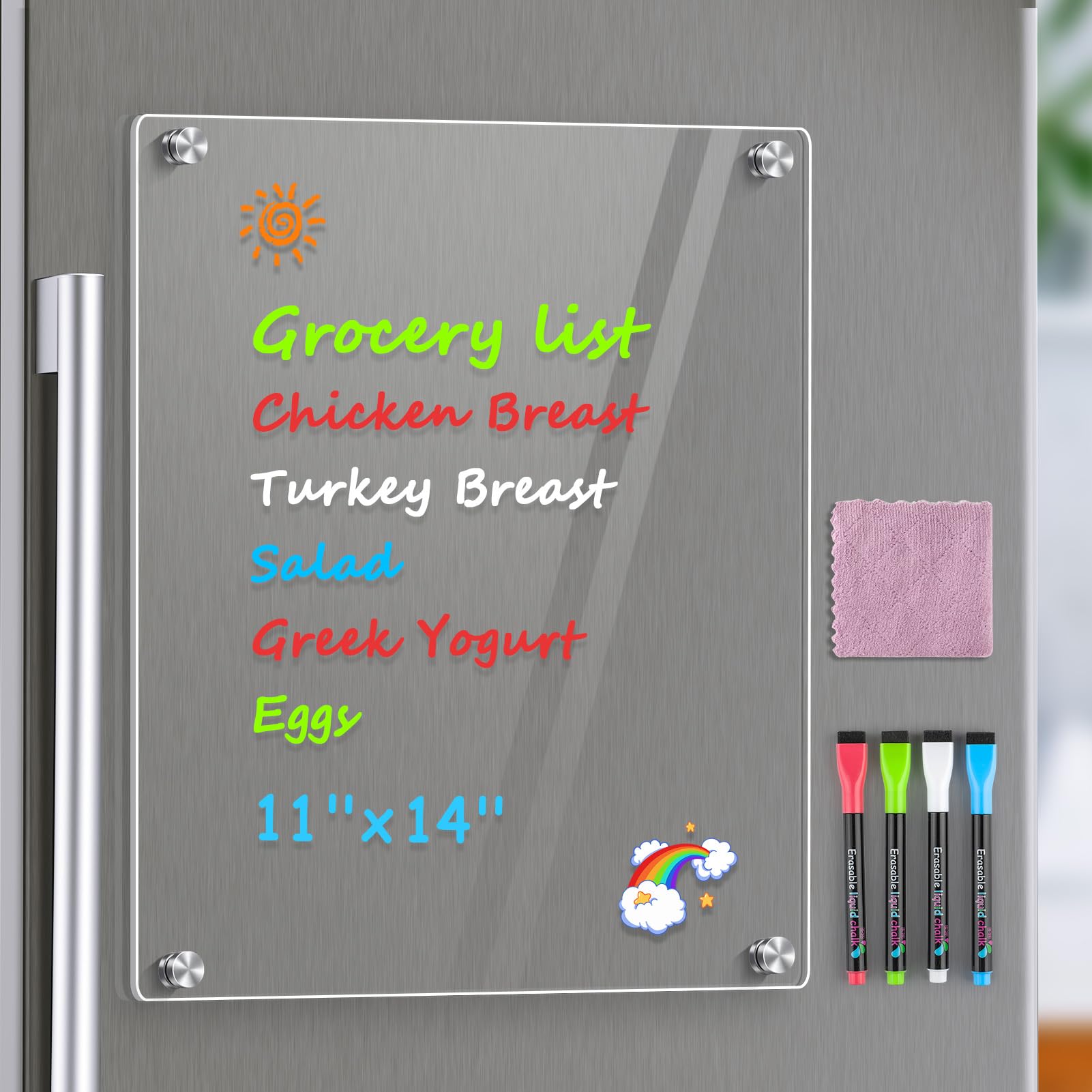 Photo 1 of MaxGear 11"x14" Acrylic Magnetic Whiteboard for Fridge, Small Clear Refrigerator Dry Erase Board with 4 Markers and 1 Cloth, Smooth Writing and Easy Cleaning Blank Memo Grocery List for Home Planner