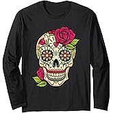 Sugar Skull Day Of The Dead Dia de Los Muertos Flowers Long Sleeve T-Shirt