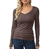 GEMBERA Women’s V Neck Ribbed Knit Long Sleeve Tops Casual Slim Fitted Basic Shirts