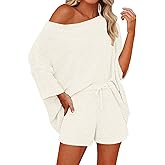 Mafulus Women's 2 Piece Outfits Sweater Sets Off Shoulder Knit Top Shorts Matching Suits Cute Pajama Lounge Set