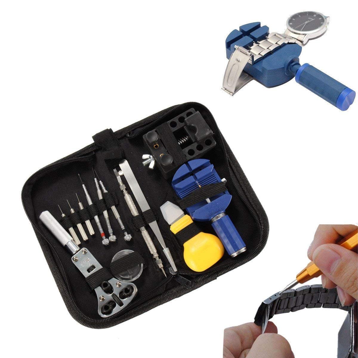 KAV 13-in-1 Watch Repair Kit with Carrying Case - Adjuster, Link Remover, Case Opener, Spring Bar Tool, and More - Anti-Magnetic Stainless Steel Tweezers and Precision Screwdrivers - Compact Size