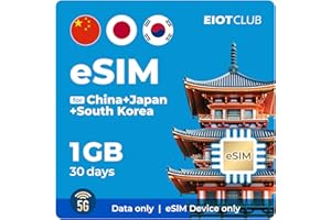 EIOTCLUB eSIM for China Mainland, Japan, Korea, Hong Kong, Macau,Taiwan,1GB for 30 Days - 5G/4G High-Speed Network Prepaid eSIM in Asian Countries, QR Code Activation, Data ONLY, No Voice/SMS
