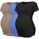 Smallshow Women's Maternity Shirts Ribbed Ruched Pregnancy Clothes Tops 3 Packs