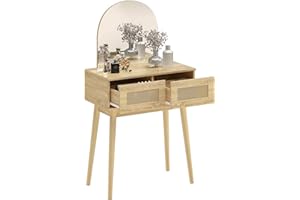 HOMCOM Vanity Desk with Arched Mirror, Modern Compact Makeup Vanity with 2 Drawers, Dressing Table for Bedroom, Natural Wood