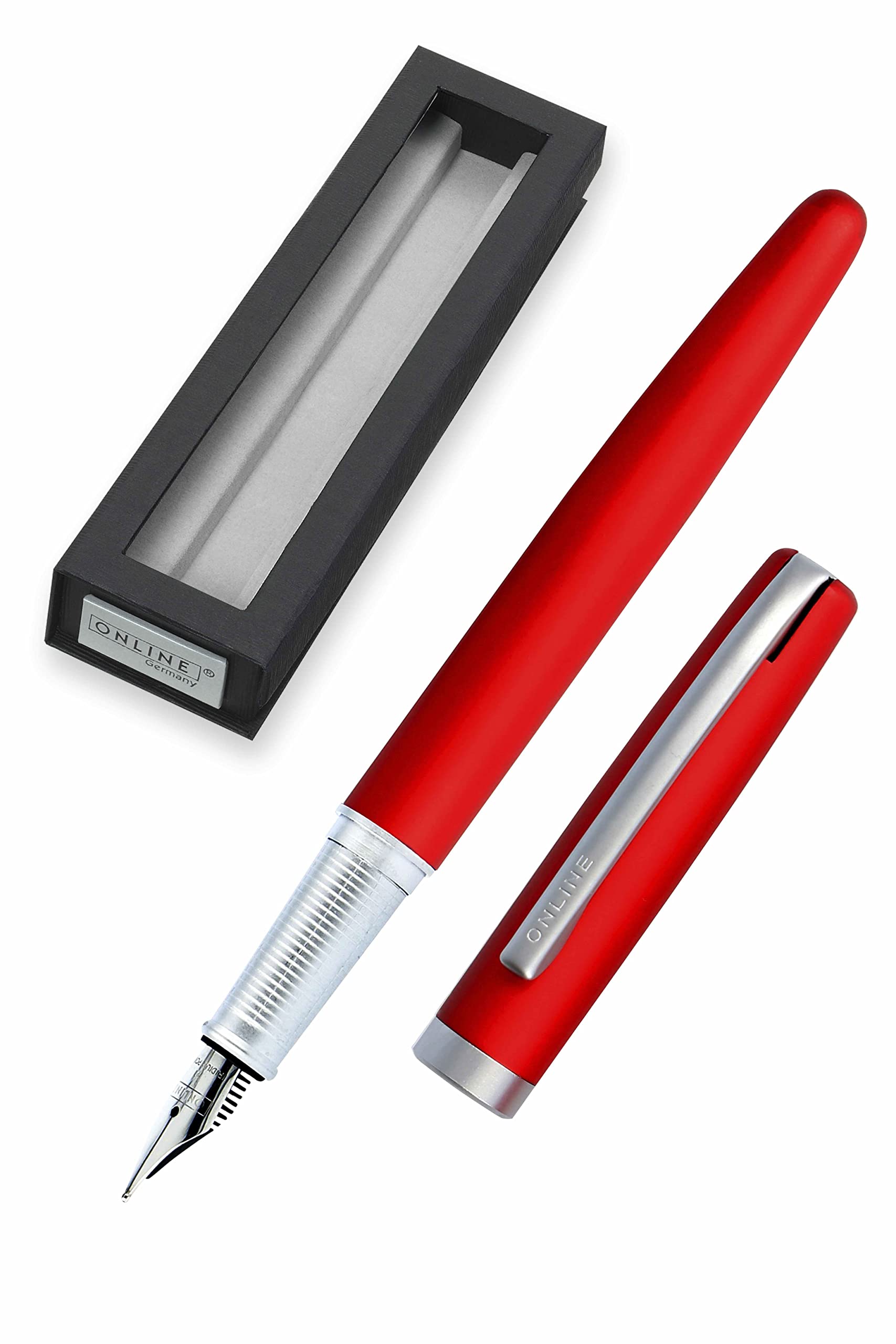 Online Eleganza Fountain Pen I Satin Red I Nib Size M I Metal Clip I Includes Ink Cartridge I Fountain-Pen for Standard Ink Cartridges Or Converter I In Gift Box