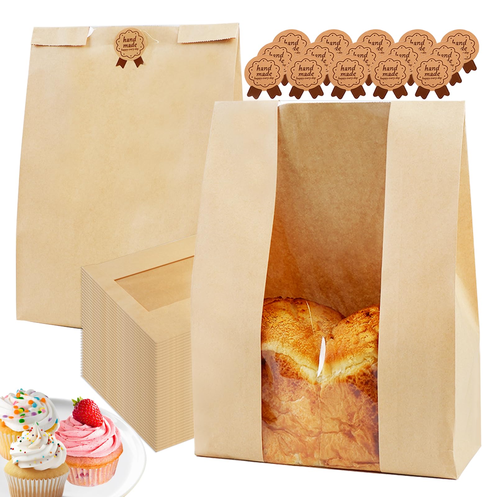 Photo 1 of 100 Pack Large 14x8.3x3.5in Bread Bags for Homemade Bread, Kraft Paper Bakery Bags with Clear Window & Tin Tie Lock, Thicker Cookie & Snack Storage Bags, Includes 100 Sealing Stickers