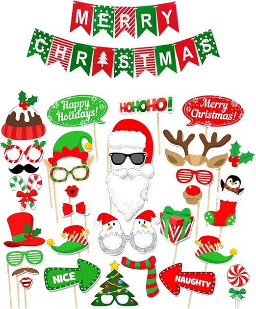 Amazon Com Christmas Photo Booth Props And Merry Christmas Banner