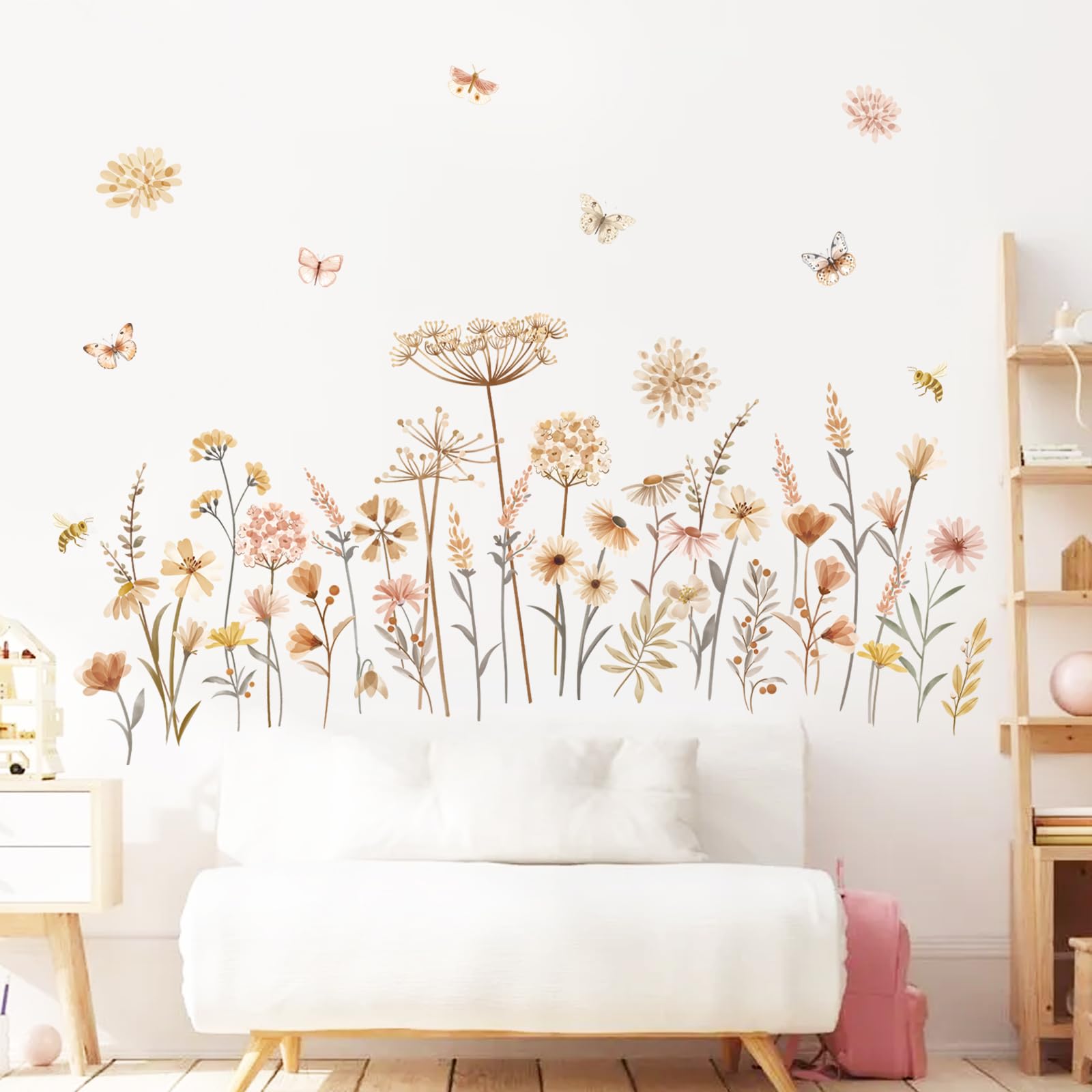 Photo 1 of decalmile Boho Flower Wall Decals Wildflower Floral Dandelion Grass Wall Stickers Baby Nursery Girls Bedroom Kids Room Wall Decor