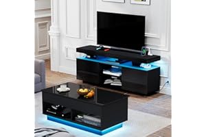 HOMMPA LED Lift Top Coffee Table and TV Stand Set of 2,Modern LED Entertainment Center with Power Outlets for up to 65" TV, Coffee Table with Hidden Compartment & 2 Open Shelve Black
